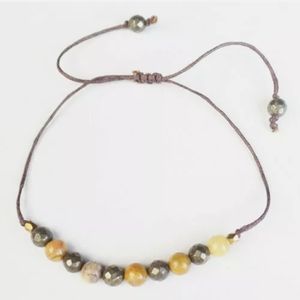 New Yellow Crazy Lace Agate Pyrite Ball Hand-knitted Adjustable Bracelet.
